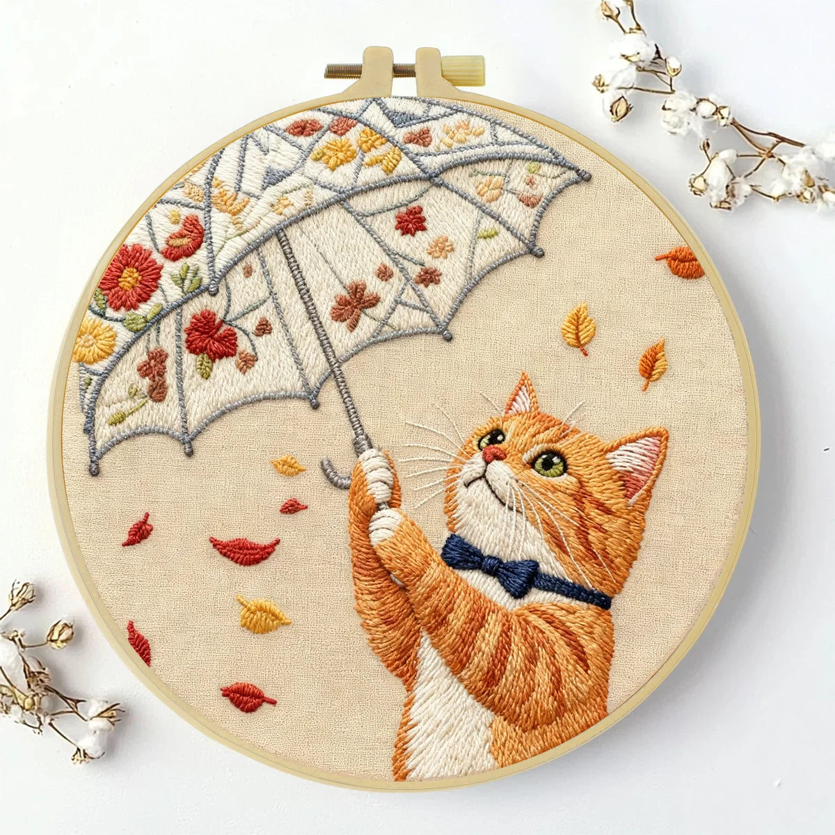 Cute Cat with Umbrella Embroidery Starter Kit DIY – Beginner Animal Hand Embroidery Kit with Autumn Design