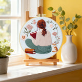 Cozy Reading Girl Embroidery Kit – Book Lover Floral DIY Stitch Pattern