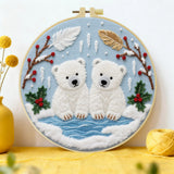 Handmade Polar Bear Cub Embroidery Hoop Wall Art – Winter Nursery Animal Fiber Decor