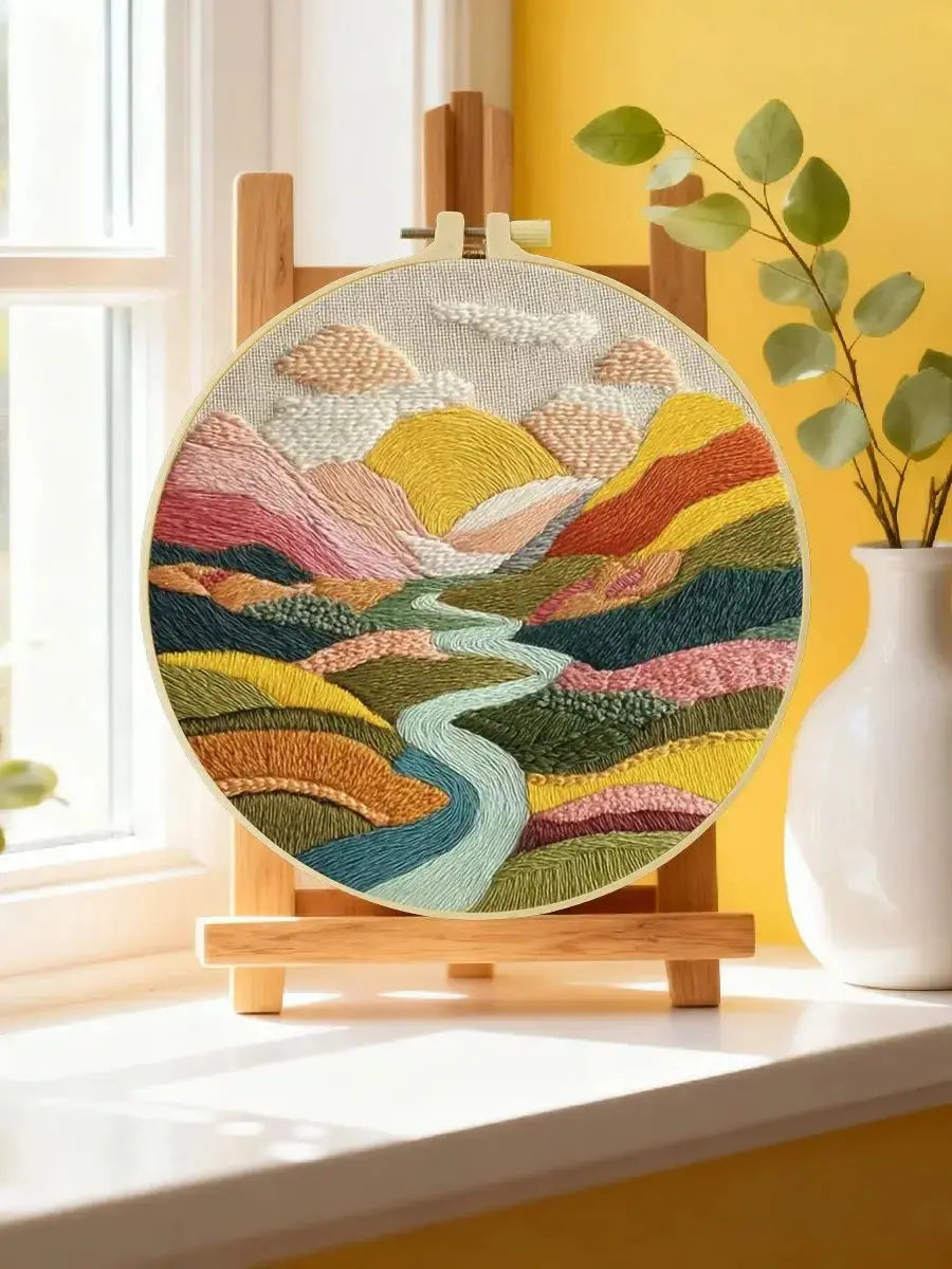 Colorful Mountain Landscape Embroidery Kit – Modern Sunset Valley DIY Hand Stitch Art with Hoop & Threads 🌄🧵 The Stichers Heavane