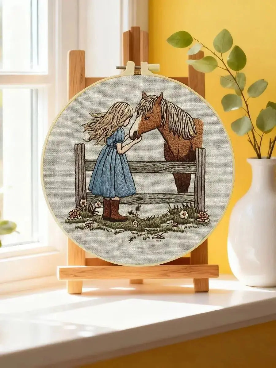 Girl & Horse Embroidery Kit – Heartwarming Equestrian DIY Hand Embroidery Hoop Art Set Kits For Stitchers