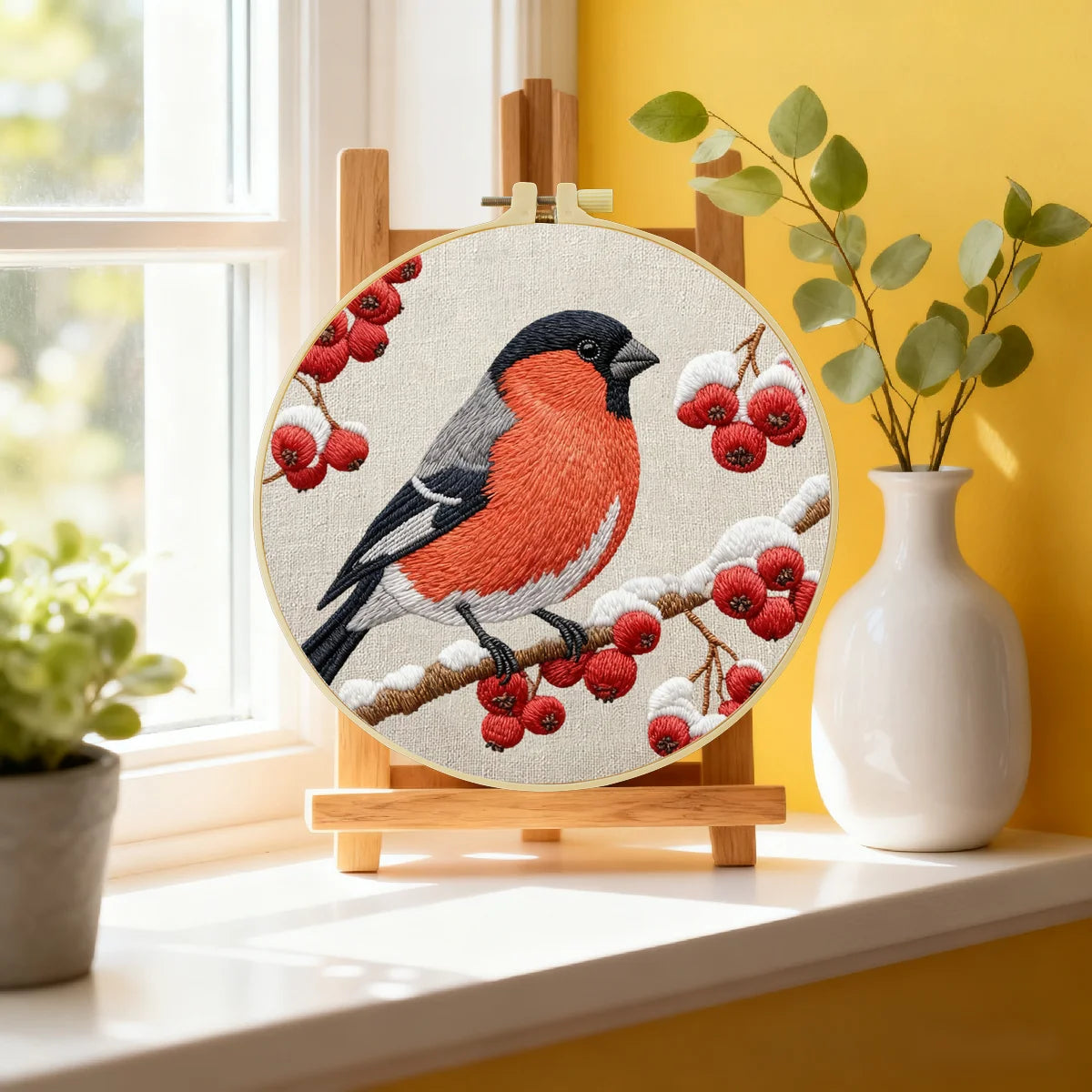 Bird Embroidery Starter Kit – DIY Bullfinch Sewing Art Set for