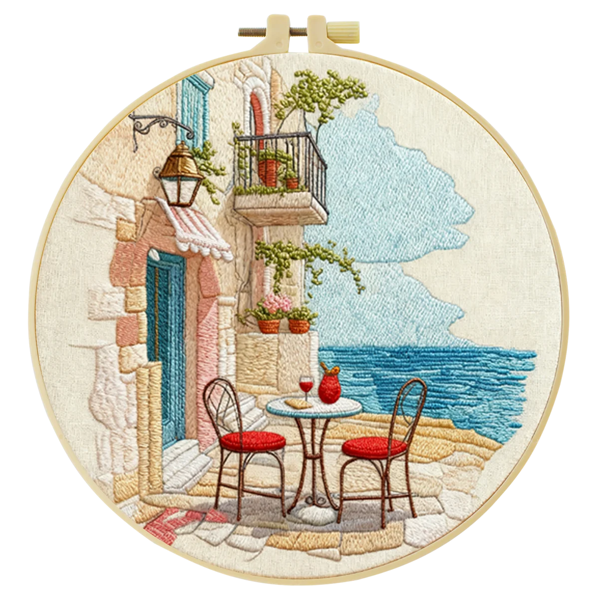 Mediterranean Seaside Café Embroidery Kit – Coastal European Street DIY Needlepoint Hoop Art Relaxing Vacation Decor Craft Gift