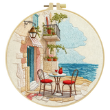 Mediterranean Seaside Café Embroidery Kit – Coastal European Street DIY Needlepoint Hoop Art Relaxing Vacation Decor Craft Gift