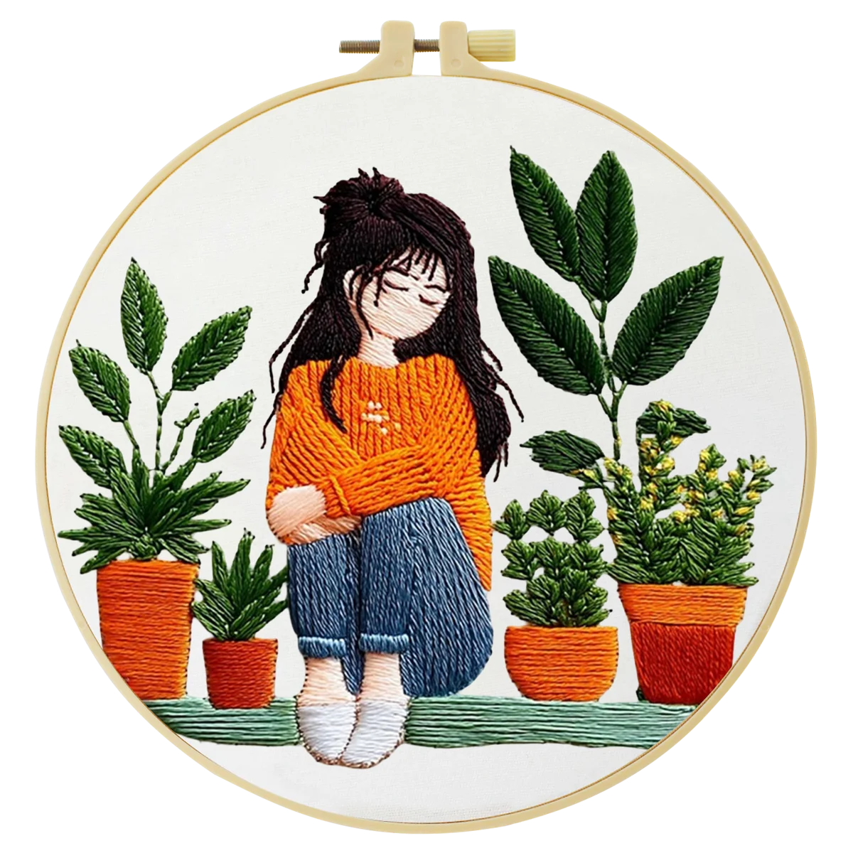 Cozy Plant Girl Embroidery Kit for Adults – Cute Houseplant Lover DIY Hand Embroidery Hoop Art Aesthetic Needlepoint Craft Gift