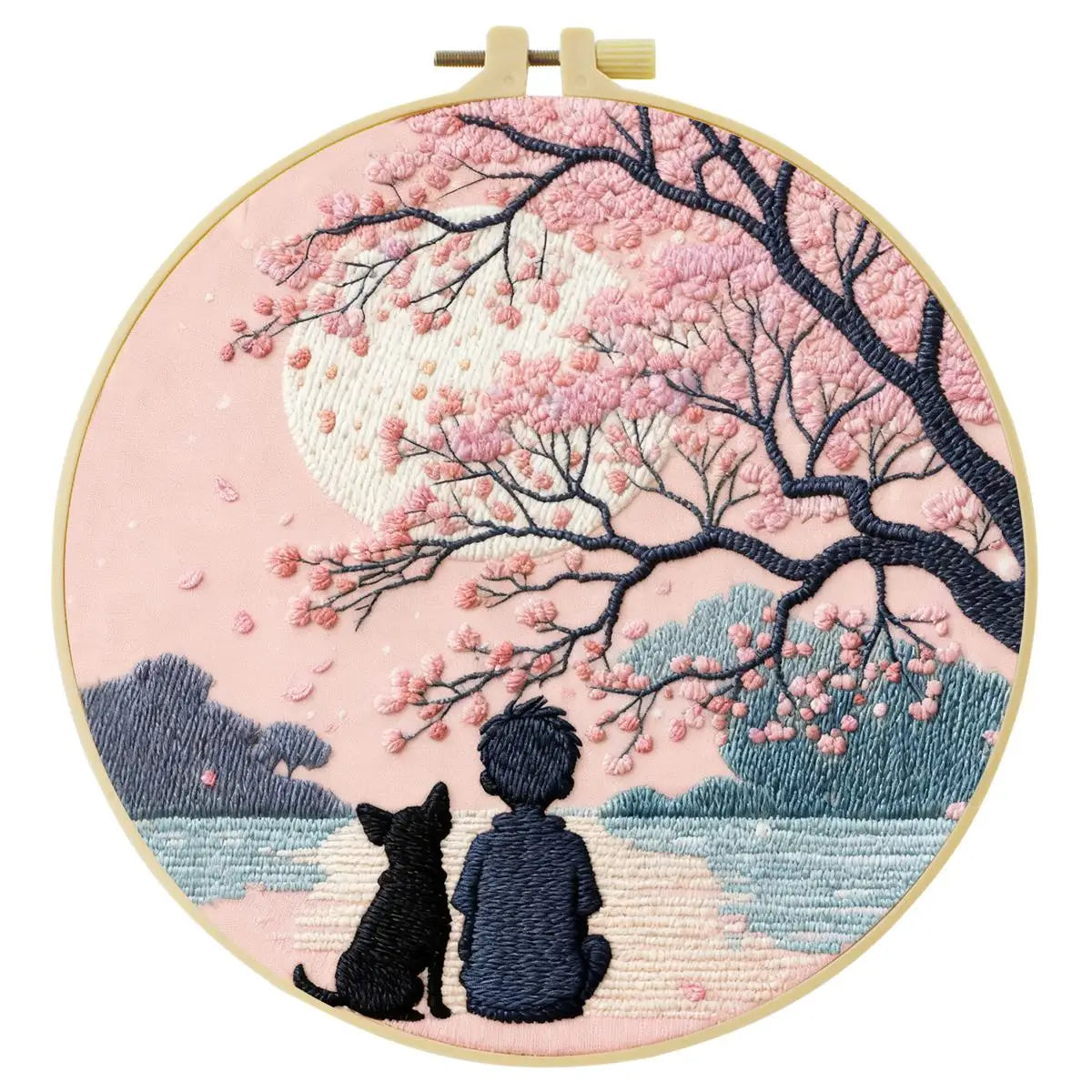 Cherry Blossom Moonlight Embroidery Kit – Peaceful Boy & Dog DIY Hand Embroidery Hoop Art Set