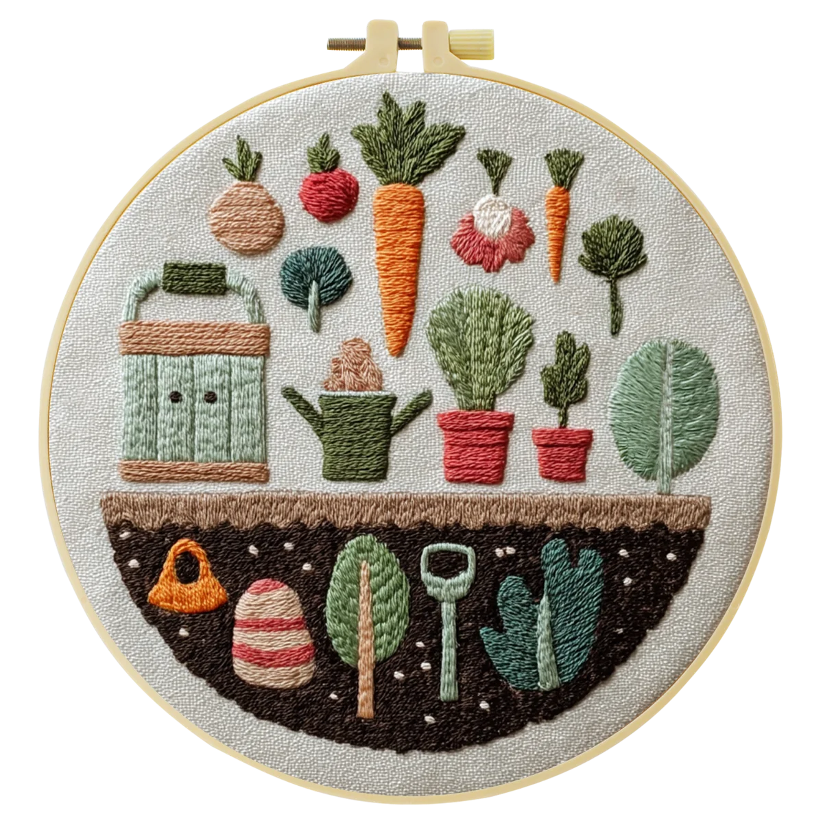 Hand-Embroidered Garden Wall Art – Vegetable & Plant Hoop Decor