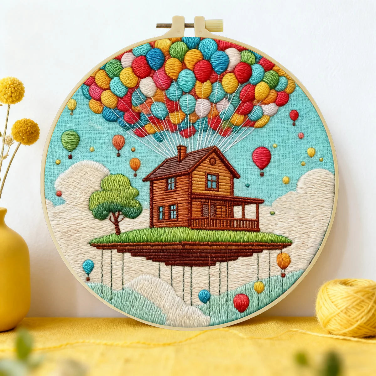 Floating House Balloon Embroidery Starter Kit – DIY Fantasy Landscape Sewing Art Set for Beginners