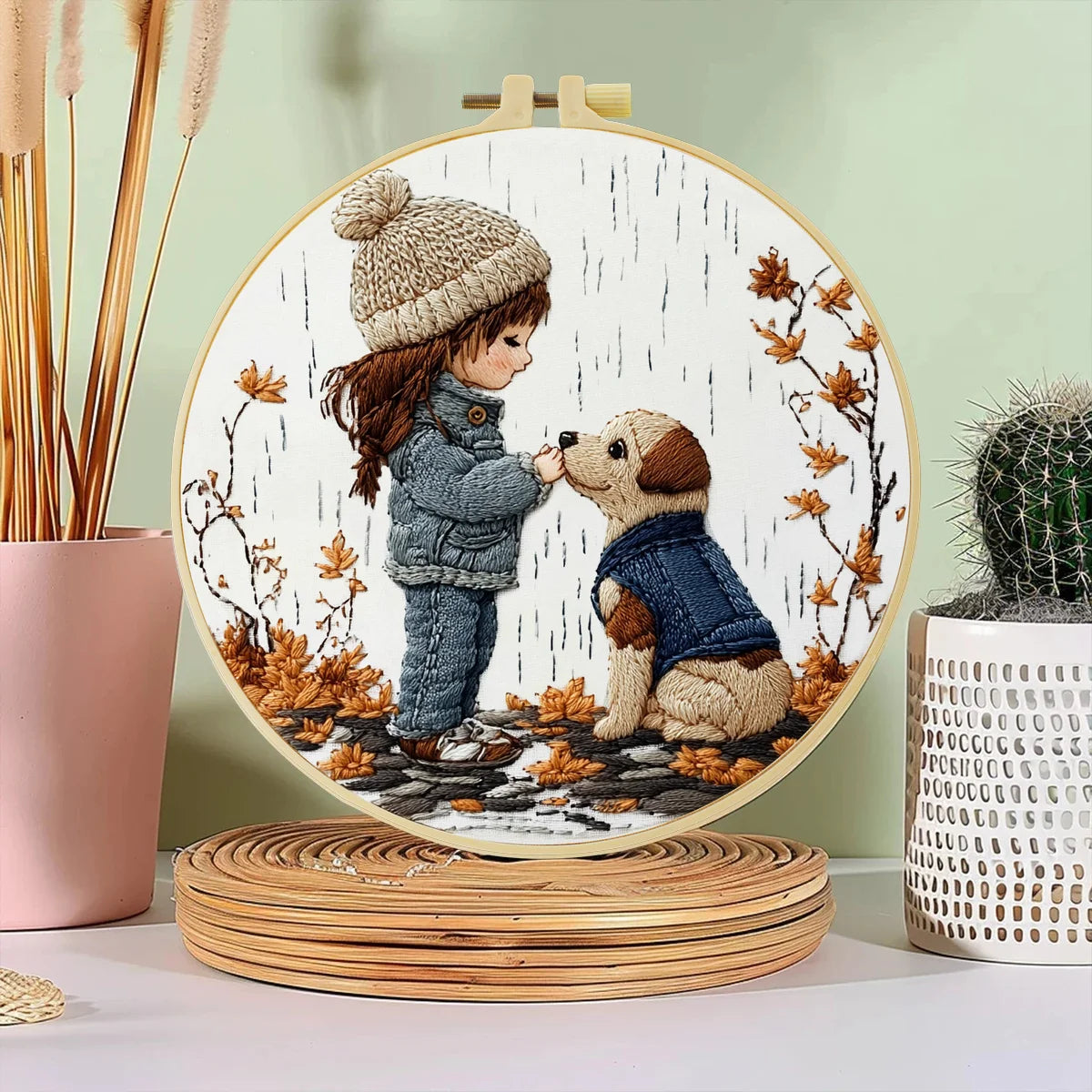 Little Girl & Puppy Embroidery Kit – Cozy Autumn Friendship Needlepoint Pattern for Dog Lovers and Whimsical Home Decor