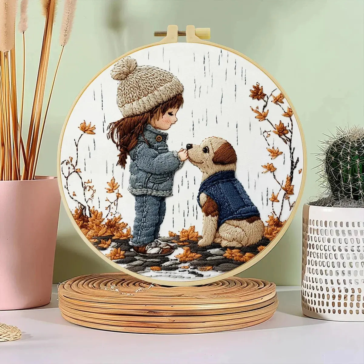 Little Girl & Puppy Embroidery Kit – Cozy Autumn Friendship Needlepoint Pattern for Dog Lovers and Whimsical Home Decor Kits For Stitchers