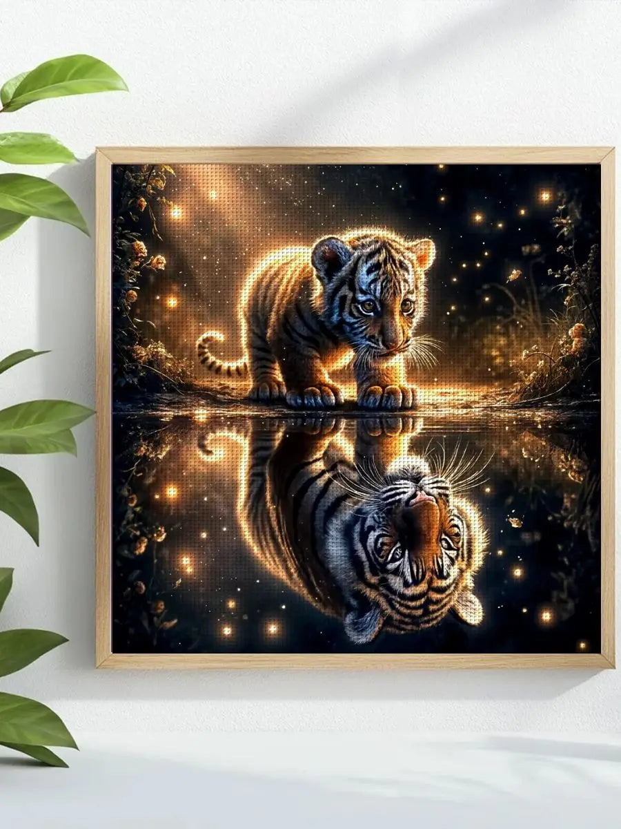 Glowing Tiger Cub Reflection Cross Stitch Kit*🐯✨🌙💛🌟