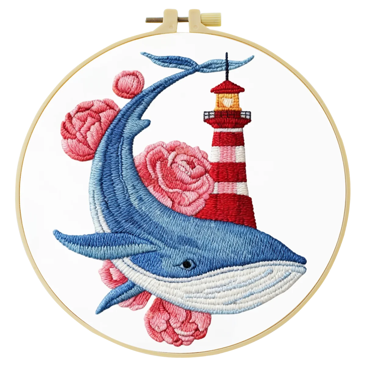 Whale & Lighthouse Embroidery DIY Kit – Nautical Ocean Animal Hand Stitching Craft with Hoop & Threads