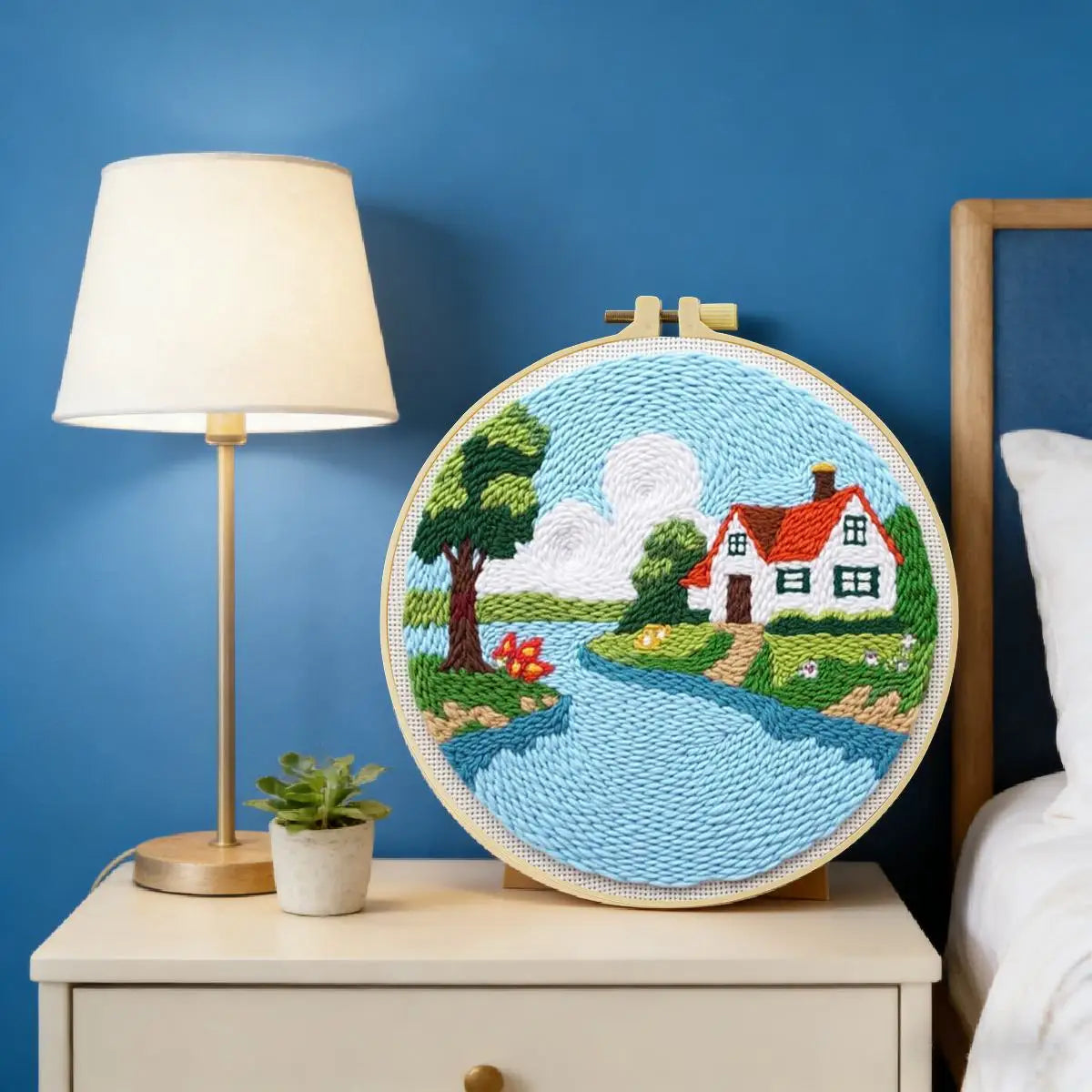 Cozy Cottage Riverside Embroidery Kit for Adults – Whimsical Country House DIY Hand Embroidery Hoop Art Beginner Needlecraft Gift