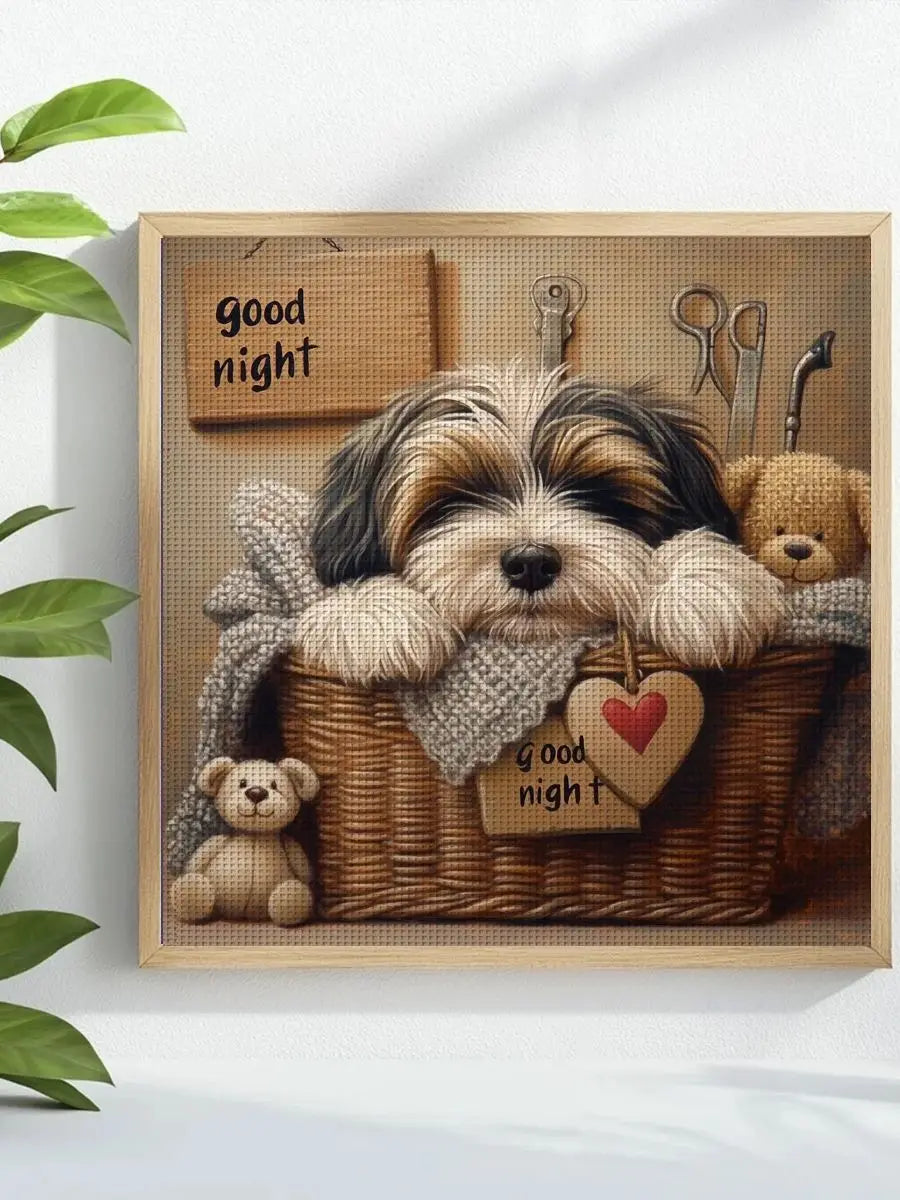Sleeping Puppy in a Cozy Basket Cross Stitch Kit 🐶🧸💤