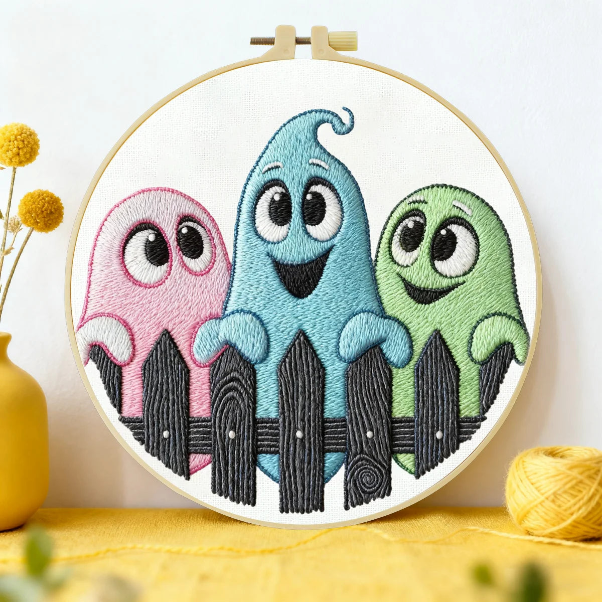 Cute Cartoon Ghost Embroidery Starter Kit – DIY Halloween Sewing Art Set for Beginners
