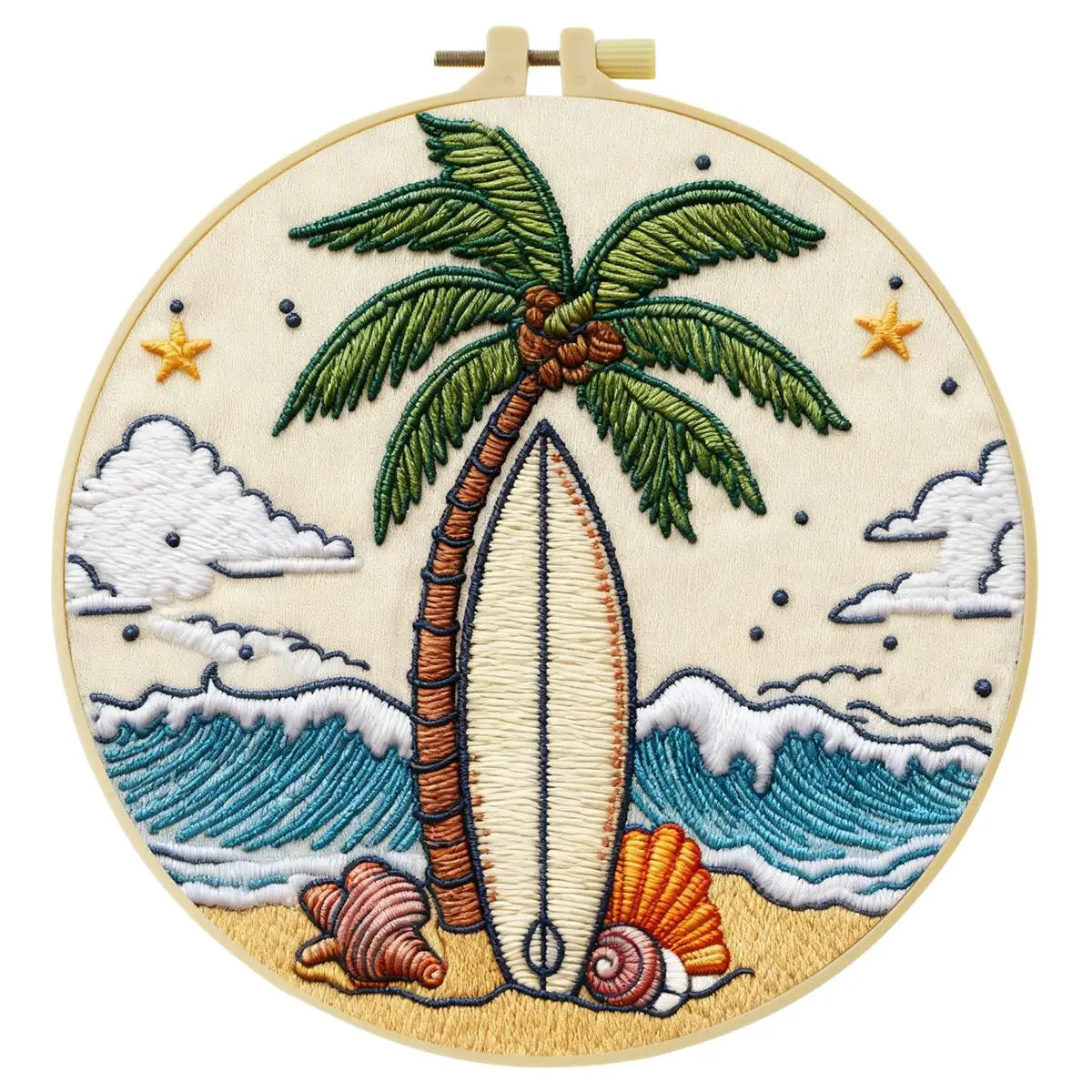 Surfboard Beach Punch Needle Wall Art – Handmade Embroidery Hoop Decor for Nursery & Cozy Rooms