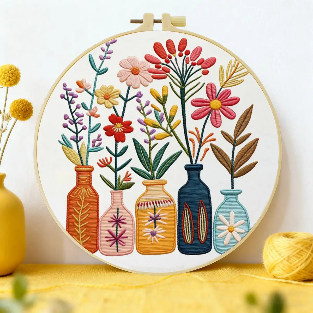 Floral Vase Embroidery Kit for Beginners – DIY Modern Flower Hand Embroidery Hoop Set