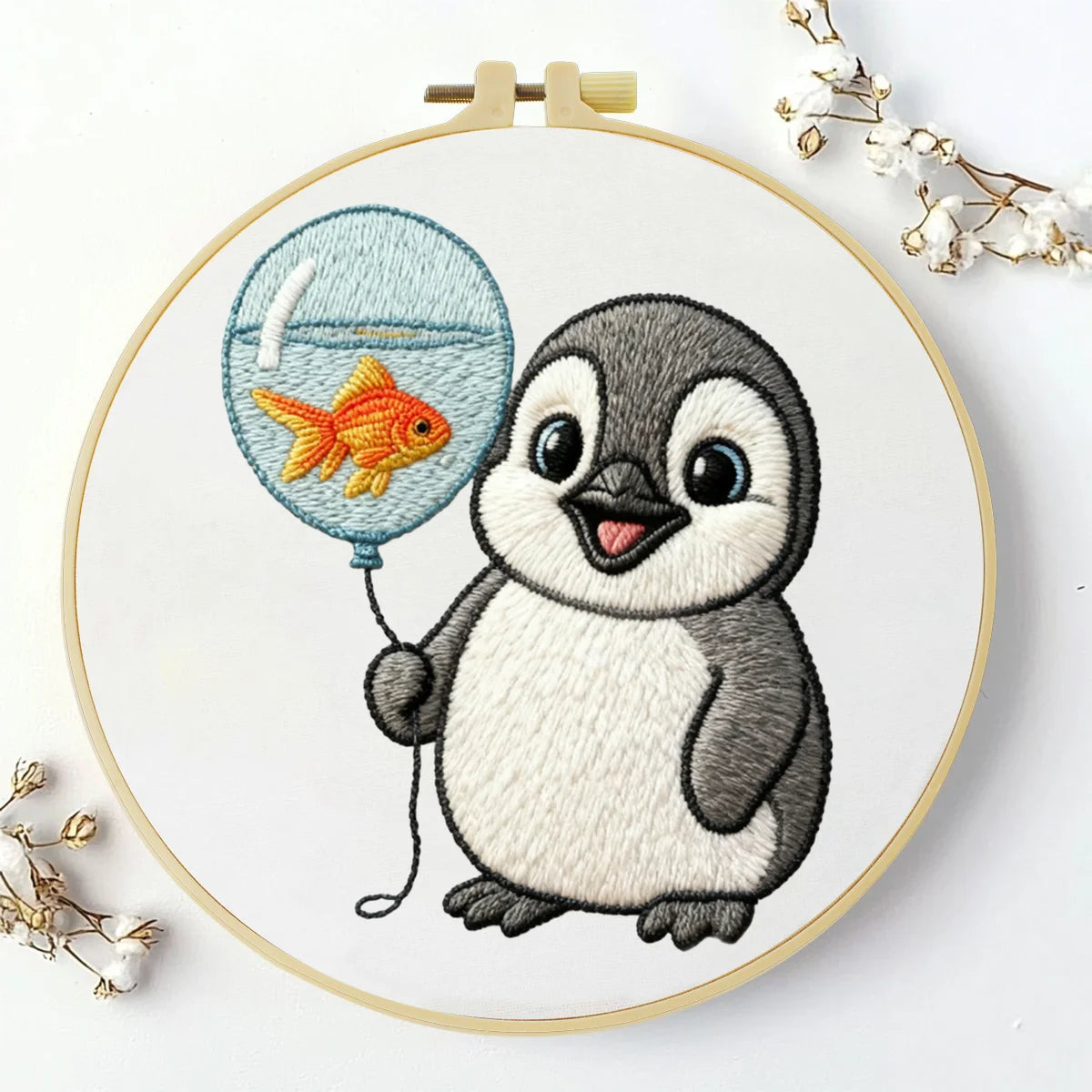 Handmade Baby Penguin Embroidery Hoop Wall Art – Cute Nursery Animal Balloon Decor