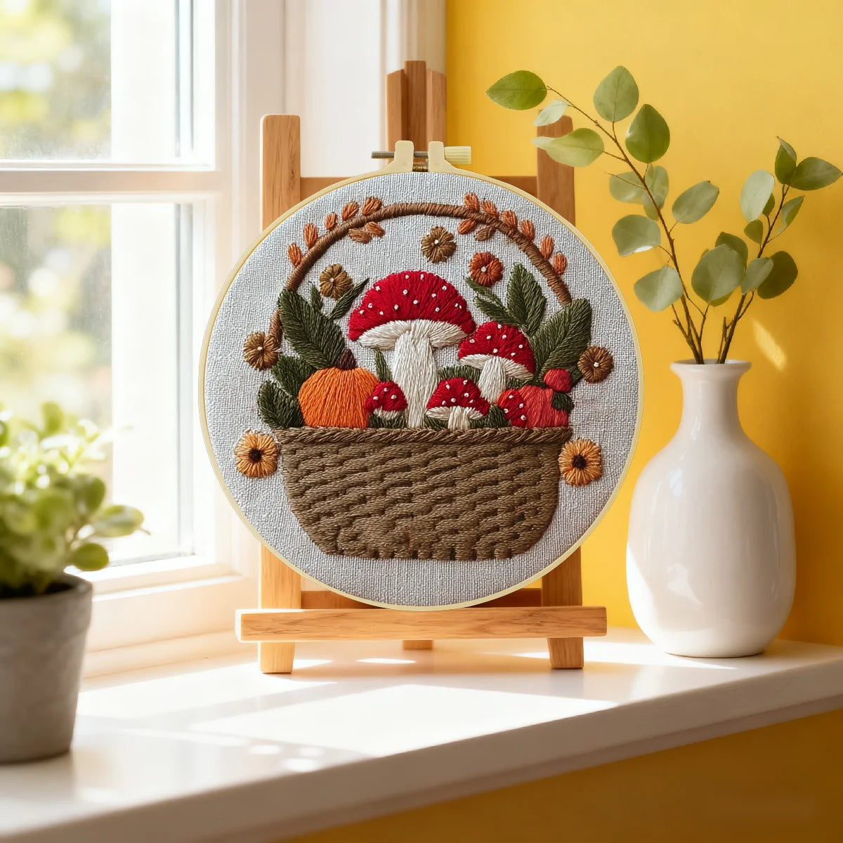 Hand-Embroidered Mushroom Basket Wall Art – Woodland Hoop Decor
