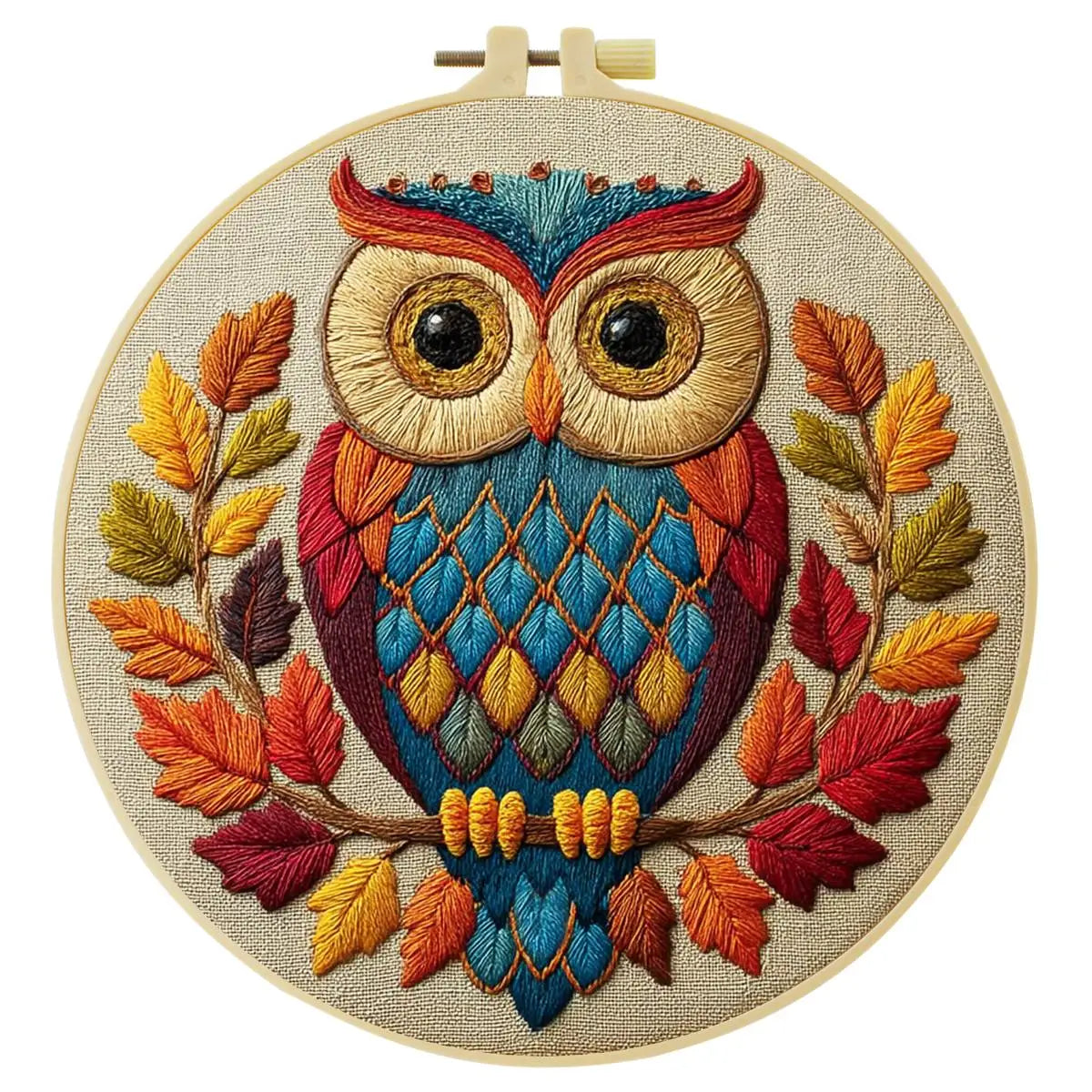 Colorful Autumn Owl Embroidery Kit – Woodland DIY Hand Embroidery Hoop Art Set