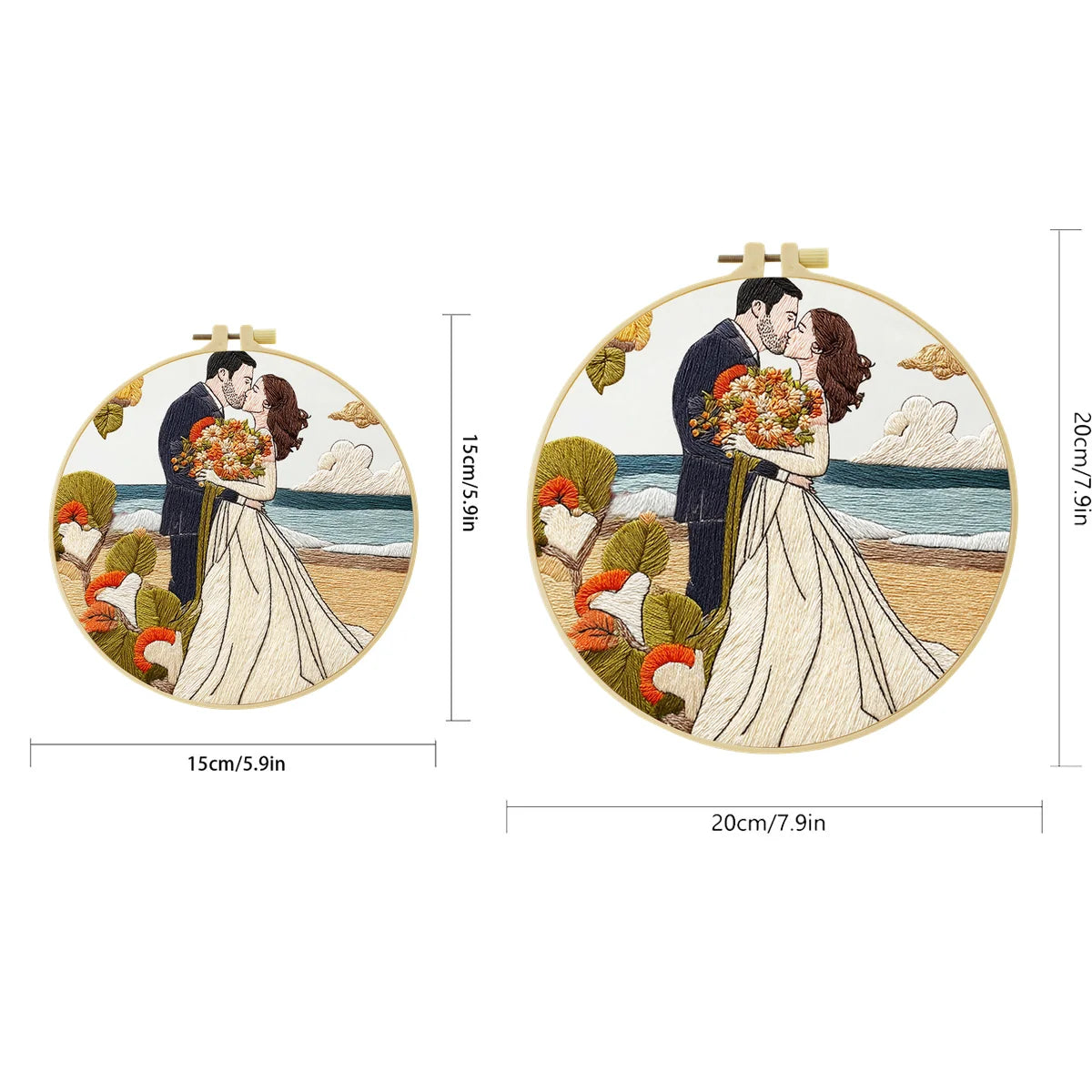 Romantic Beach Wedding Embroidery Kit – Newlywed Couple Needlepoint Pattern with Coastal Love Scene & Floral Details