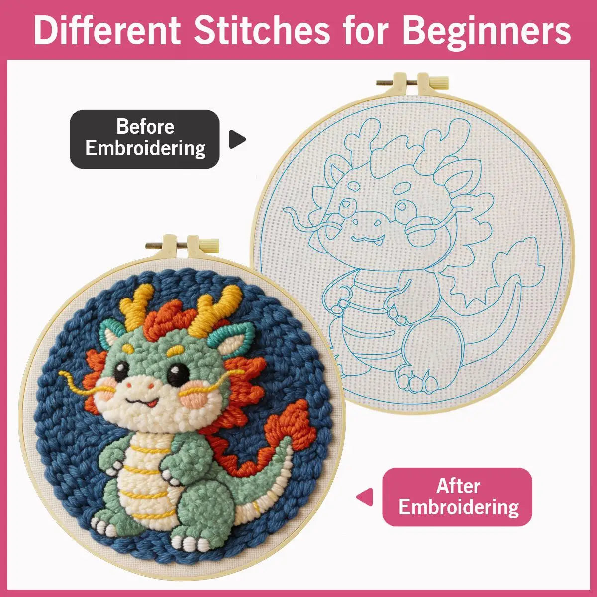 Cute Dragon Punch Needle Wall Art – Handmade Embroidery Hoop Decor for Nursery & Cozy Rooms