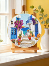 Greek Island Alley Embroidery Kit – Mediterranean Coastal Street DIY Needlepoint Hoop Art Santorini Inspired Home Decor Craft Gift