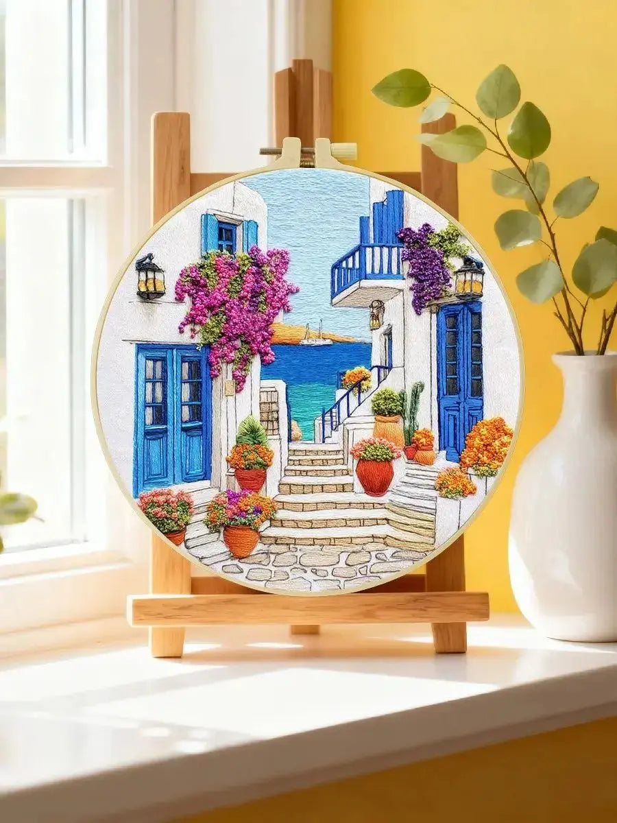 Greek Island Alley Embroidery Kit – Mediterranean Coastal Street DIY Needlepoint Hoop Art Santorini Inspired Home Decor Craft Gift Kits For Stitchers