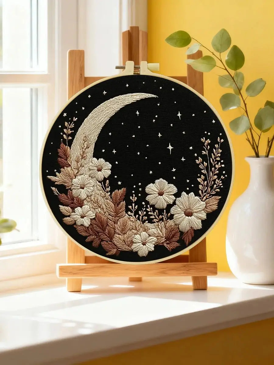 Moon & Floral Night Embroidery Starter Kit – DIY Celestial Sewing Art Set for Beginners
