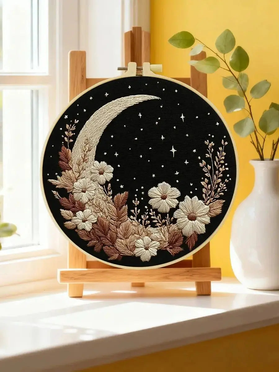 Moon & Floral Night Embroidery Starter Kit – DIY Celestial Sewing Art Set for Beginners Kits For Stitchers