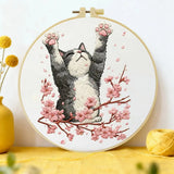 Stretching Cat Embroidery Kit – Cherry Blossom Kitty DIY Hand Embroidery Hoop Art Set Kits For Stitchers