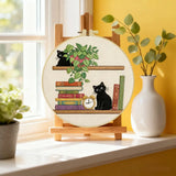 Black Cat Bookshelf Embroidery Kit for Beginners – DIY Cute Cat Hand Embroidery Hoop Set