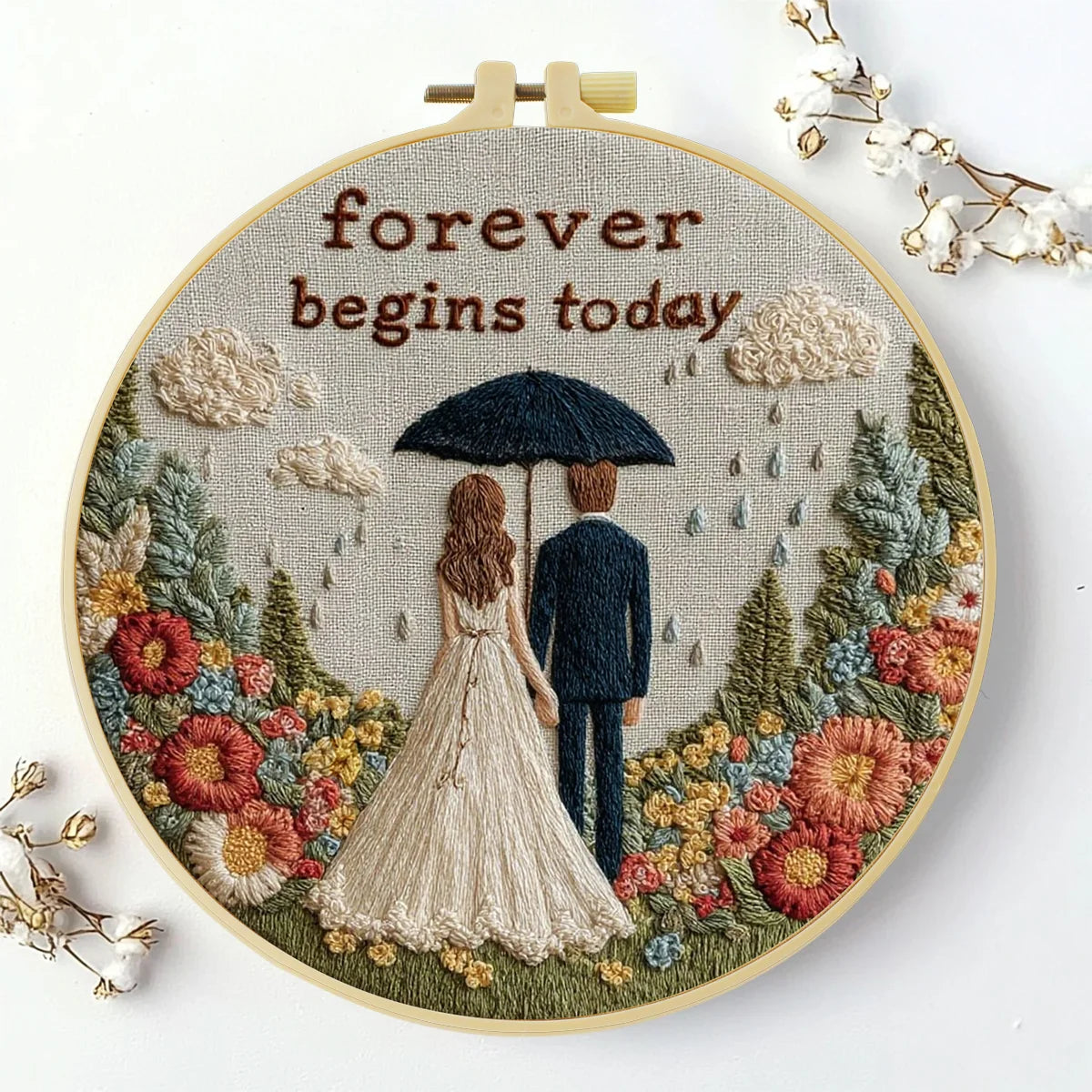Forever Begins Today Embroidery Kit – Romantic Wedding Couple Needlepoint Pattern with Floral Garden & Love Quote Design