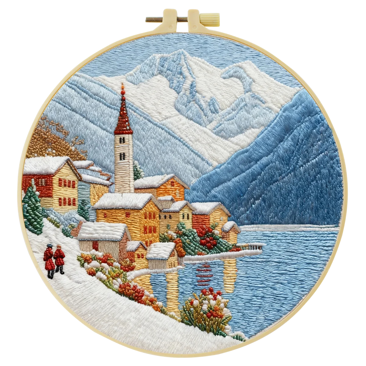 Snowy Mountain Village Embroidery Kit – Winter Alpine Landscape DIY Sewing Craft, Scenic Lake Hoop Wall Art