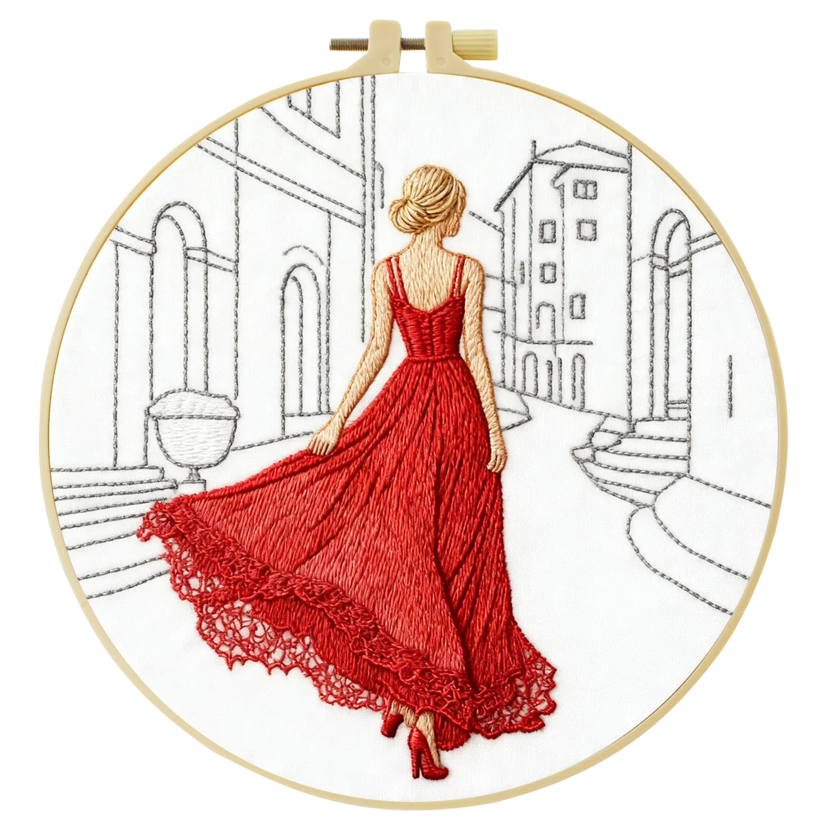 Elegant Red Dress Embroidery Kit – Fashion Lady Street Scene Needlepoint Pattern with Parisian Style & Modern Minimalist Art