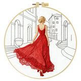 Elegant Red Dress Embroidery Kit – Fashion Lady Street Scene Needlepoint Pattern with Parisian Style & Modern Minimalist Art