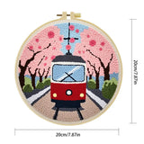 Cherry Blossom Tram Punch Needle Wall Art – Handmade Embroidery Hoop Decor for Nursery & Cozy Rooms