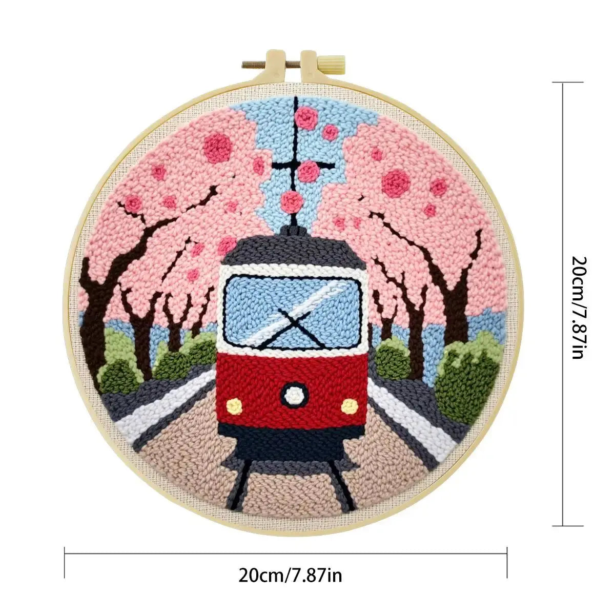 Cherry Blossom Tram Punch Needle Wall Art – Handmade Embroidery Hoop Decor for Nursery & Cozy Rooms Kits For Stitchers