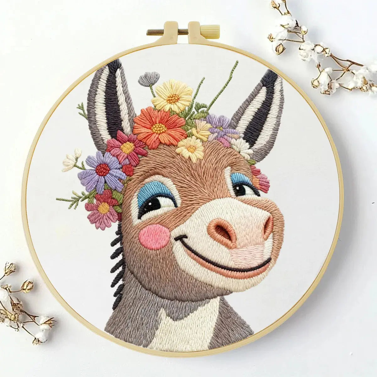 Handmade Floral Donkey Embroidery Hoop Wall Art – Cute Farm Animal Nursery Decor Kits For Stitchers