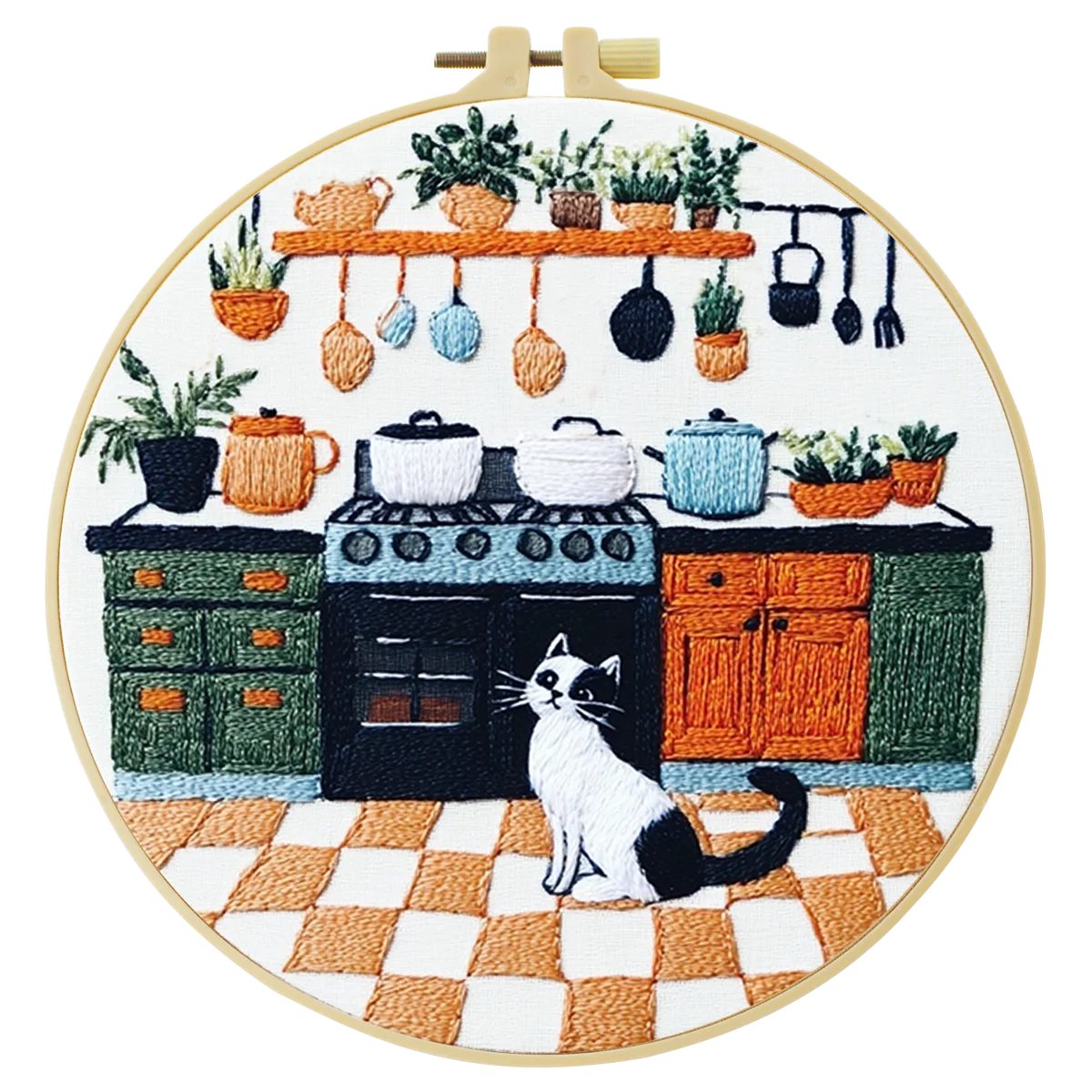 Cozy Kitchen Cat Embroidery Kit – Cottage Style DIY Stitch Pattern