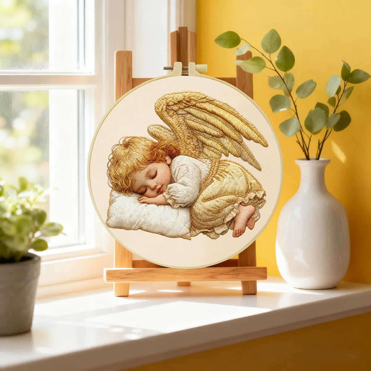 Handmade Sleeping Angel Embroidery Hoop Wall Art – Baby Cherub Nursery Fiber Decor