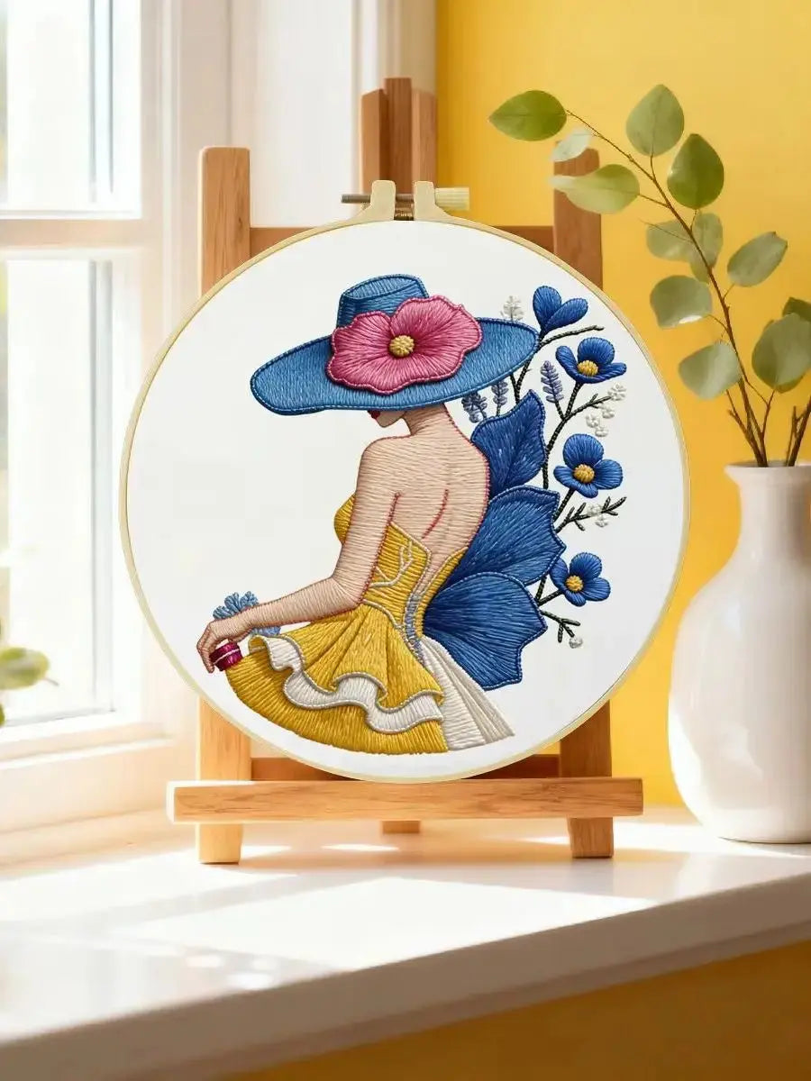 Blue Hat Lady Embroidery Kit Kits For Stitchers