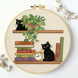 Black Cat Bookshelf Embroidery Kit for Beginners – DIY Cute Cat Hand Embroidery Hoop Set