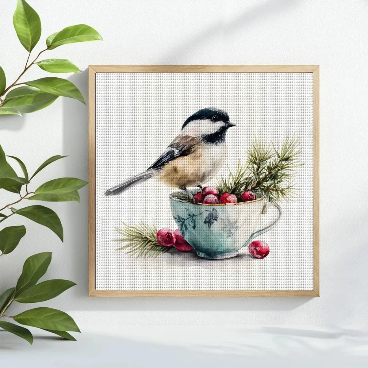 Chickadee & Cranberries Teacup Cross Stitch Kit 🐦🍒☕🌲✨ Kits For Stitchers