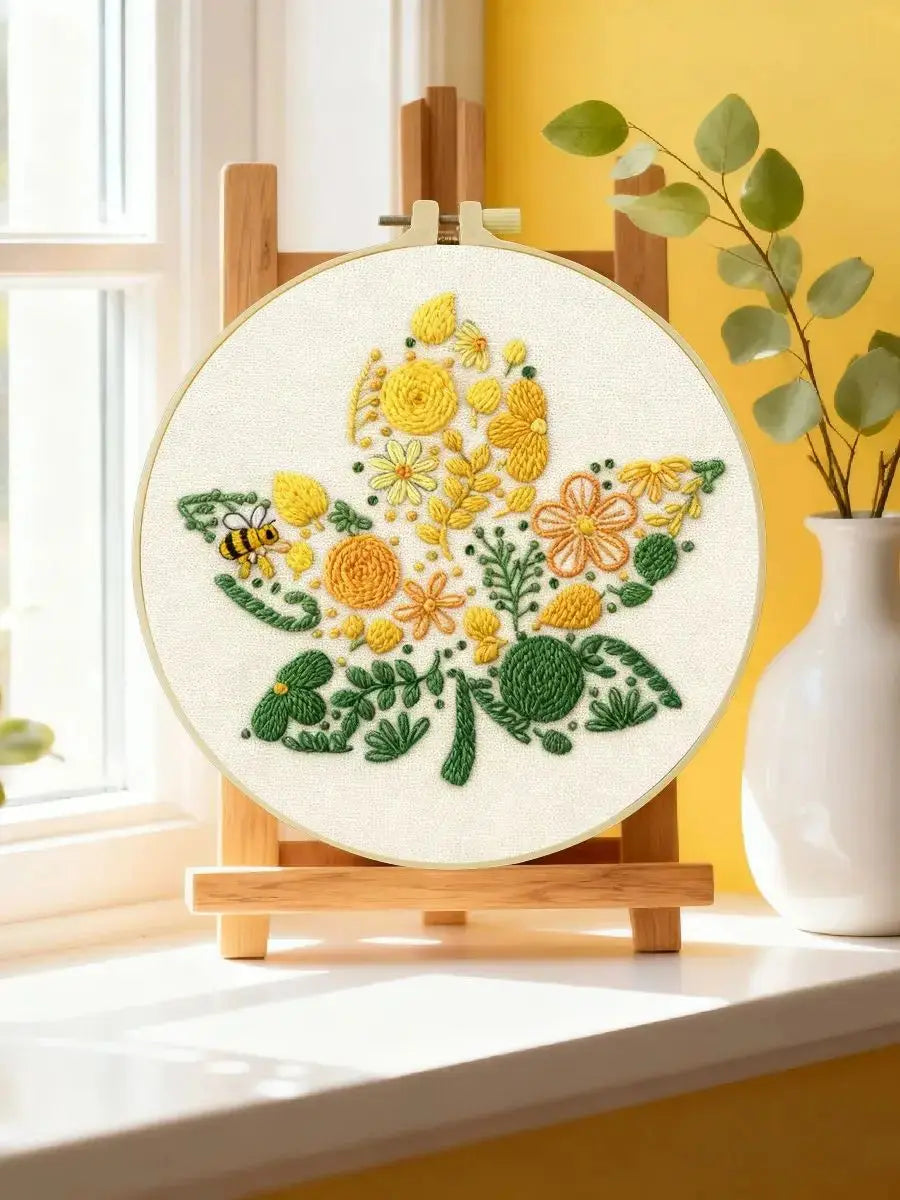 Yellow Floral Embroidery Kit with Bee – Modern Flower DIY Hand Embroidery Hoop Art, Botanical Wall Decor Craft Kits For Stitchers