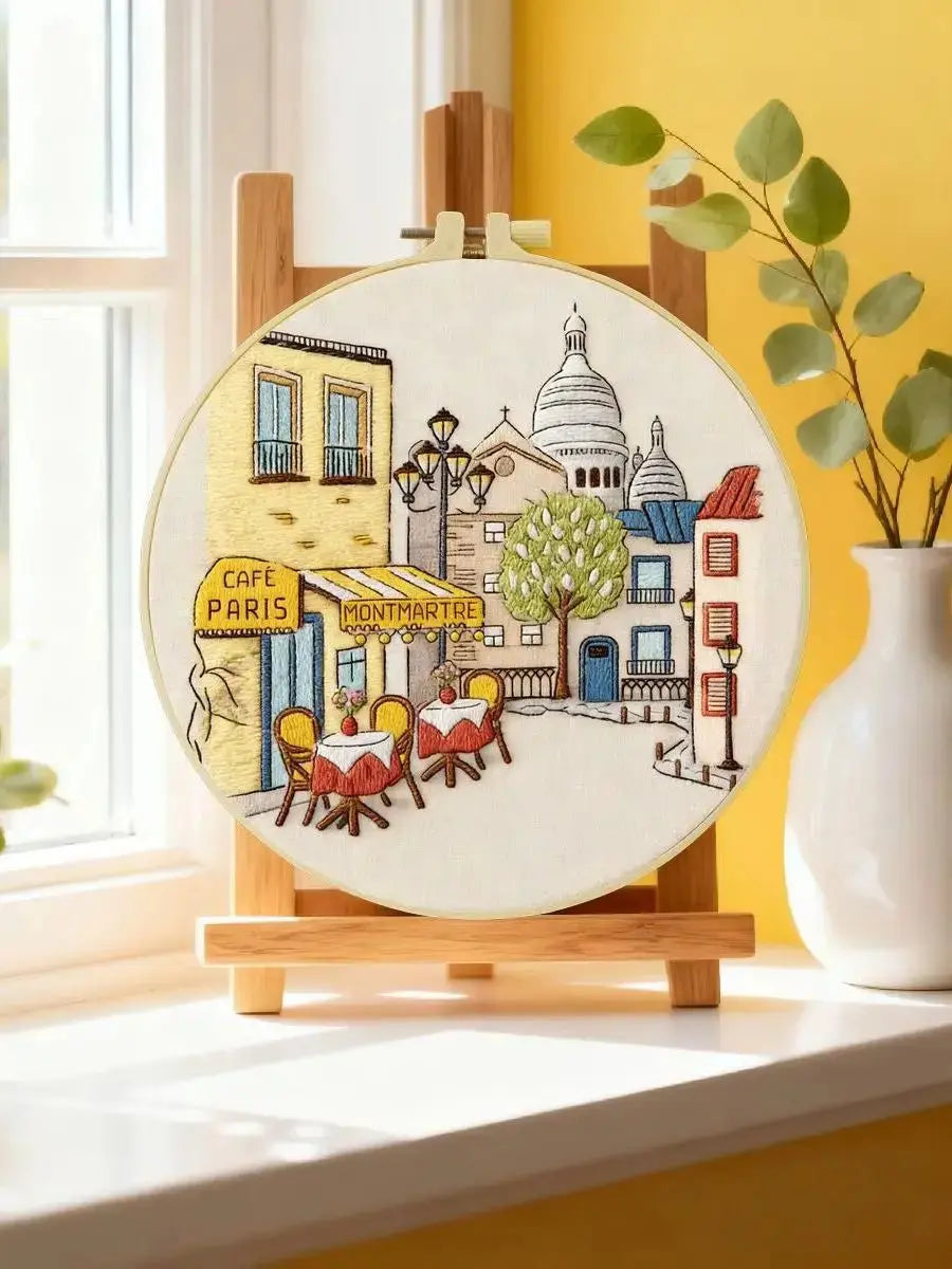 Montmartre Café Embroidery Kit – Paris Street DIY Hand Embroidery Hoop Art Set Kits For Stitchers