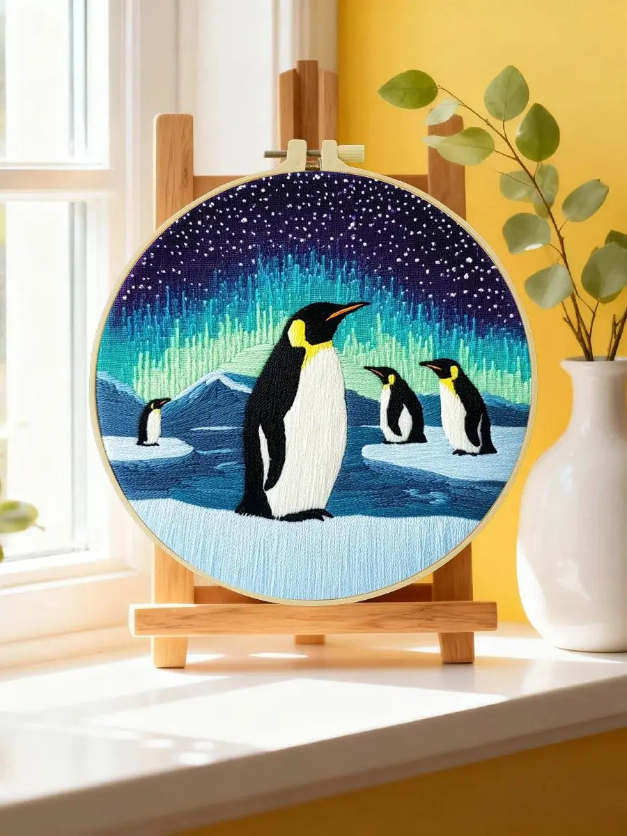 Penguin Aurora Embroidery Kit – Northern Lights Antarctic Scene Needlepoint Pattern with Penguins & Starry Winter Sky