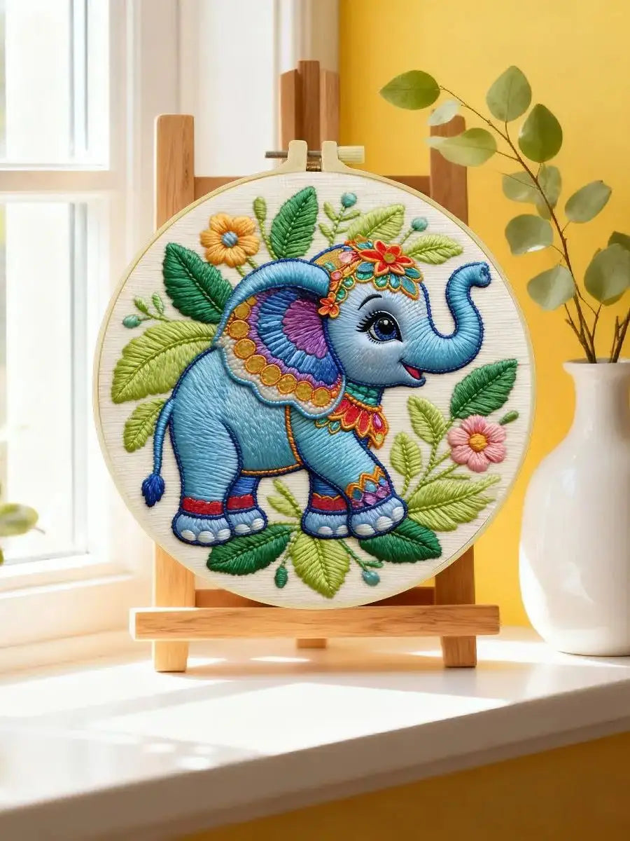 Cute Elephant Embroidery Kit – Colorful Baby Elephant Needlepoint Pattern with Floral Details for Nursery & Animal Lovers