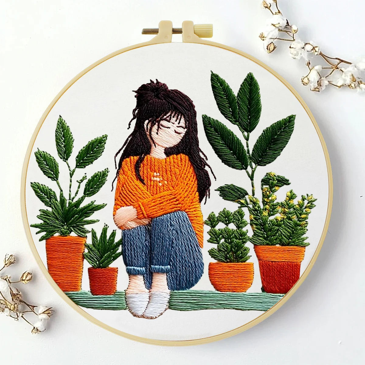 Cozy Plant Girl Embroidery Kit for Adults – Cute Houseplant Lover DIY Hand Embroidery Hoop Art Aesthetic Needlepoint Craft Gift