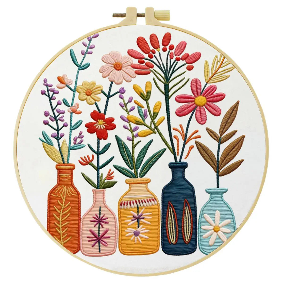 Floral Vase Embroidery Kit for Beginners – DIY Modern Flower Hand Embroidery Hoop Set